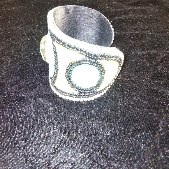 Iris Apfel & Bajalia Beaded Turquoise Yellow & Black Embellished Cuff Bracelet - Picture 7 of 11